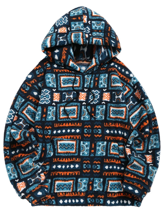 Felpa con Cappuccio in Microfleece Peluche Stampa Etnica