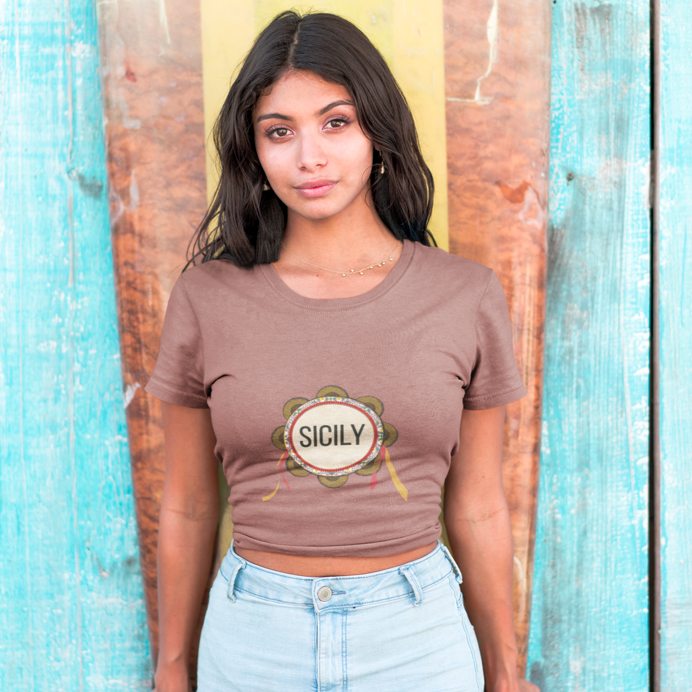 T-shirt Short women's t-shirt with tambourine and Sicily Sicilia writing | gift idea for the summer