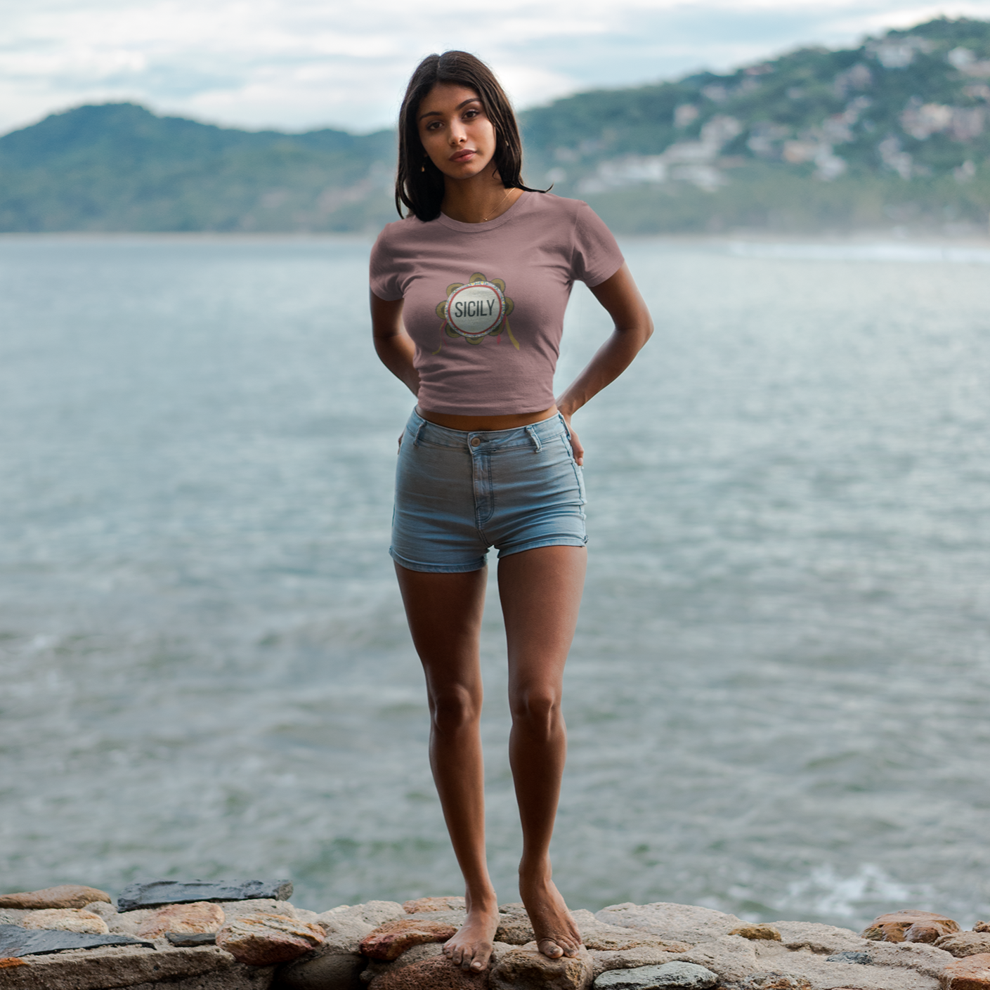 T-shirt Short women's t-shirt with tambourine and Sicily Sicilia writing | gift idea for the summer