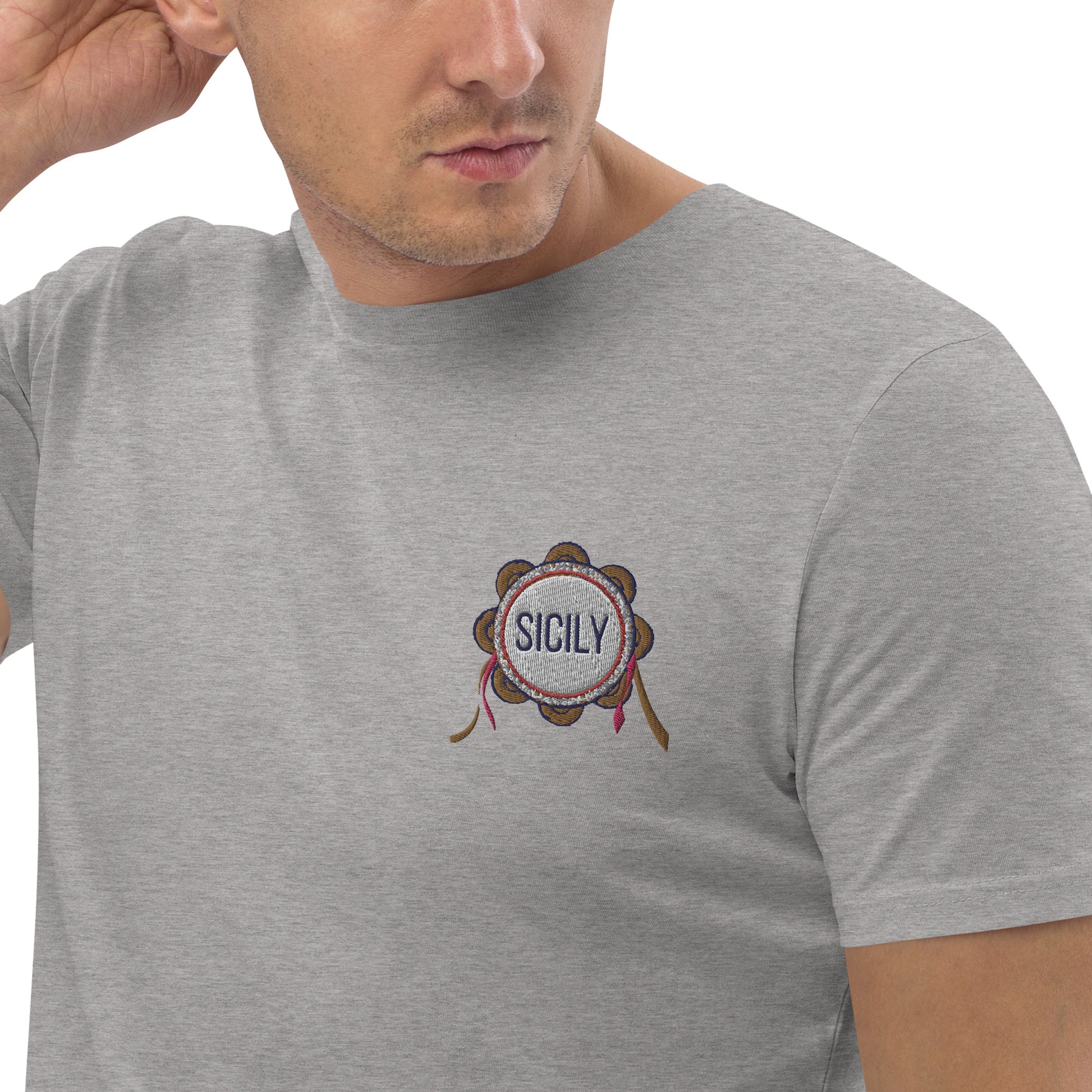 SICILY t-shirt a manica corta con ricamo logo Sicilia con tamburello e nome della tua città personlizzato - T-shirt Boutique