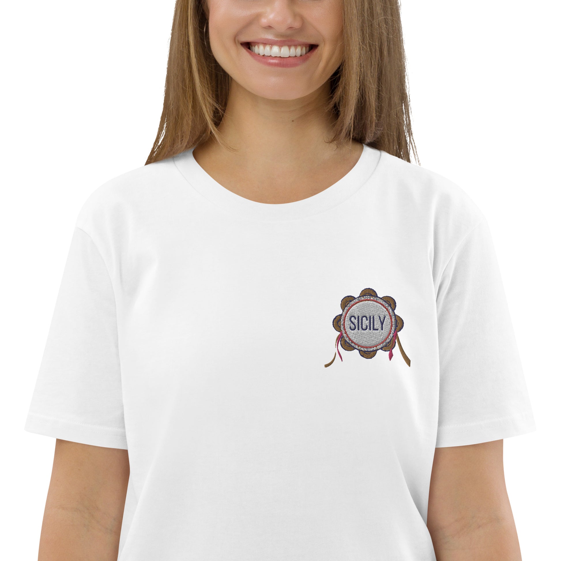 SICILY t-shirt a manica corta con ricamo logo Sicilia con tamburello e nome della tua città personlizzato - T-shirt Boutique