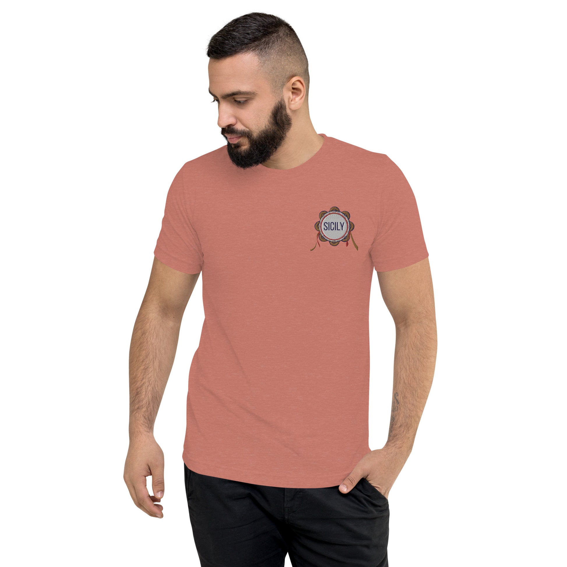 Sicily T-shirt a manica corta uomo con ricamo logo Sicilia con tamburello | Vari colori - T-shirt Boutique