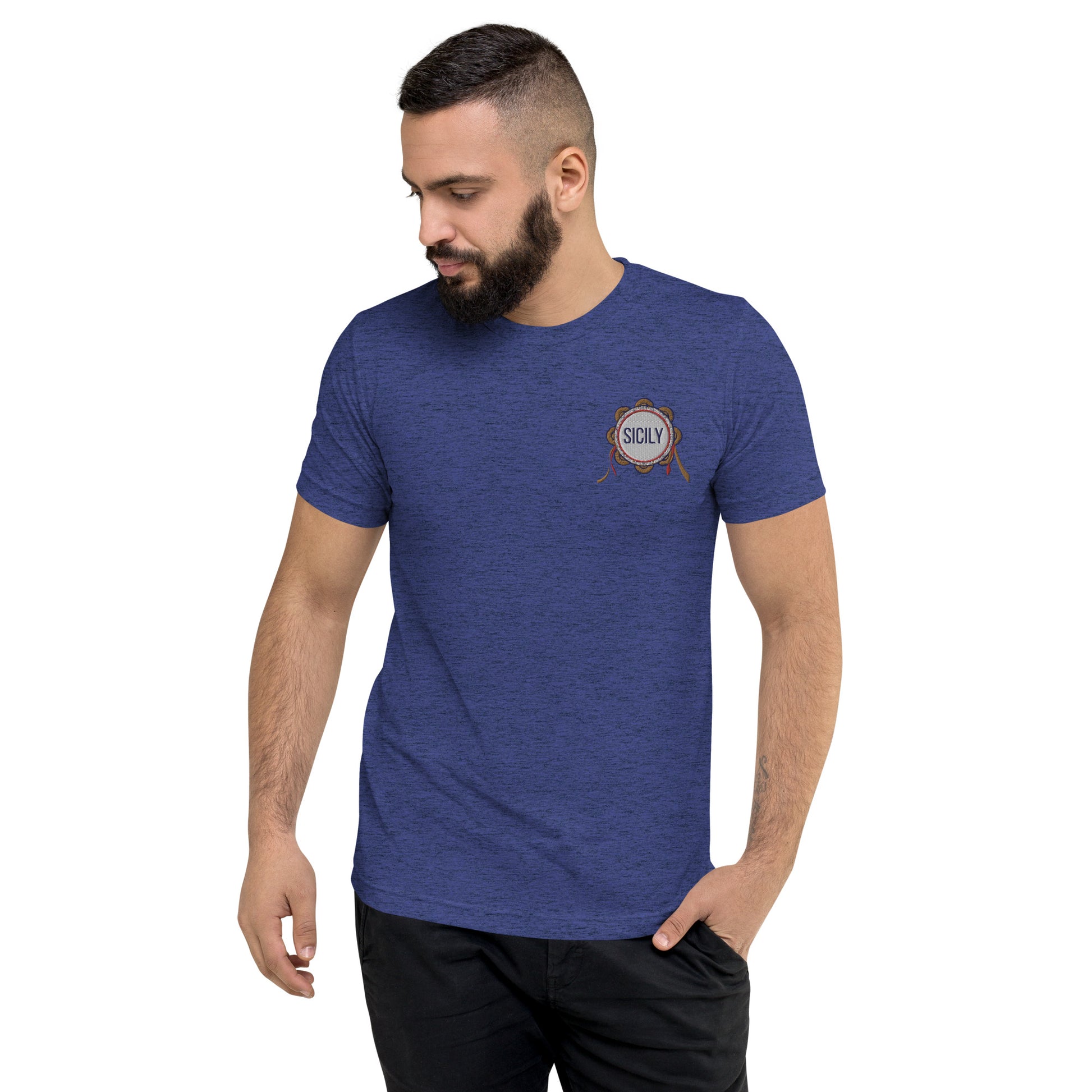 Sicily T-shirt a manica corta uomo con ricamo logo Sicilia con tamburello | Vari colori - T-shirt Boutique
