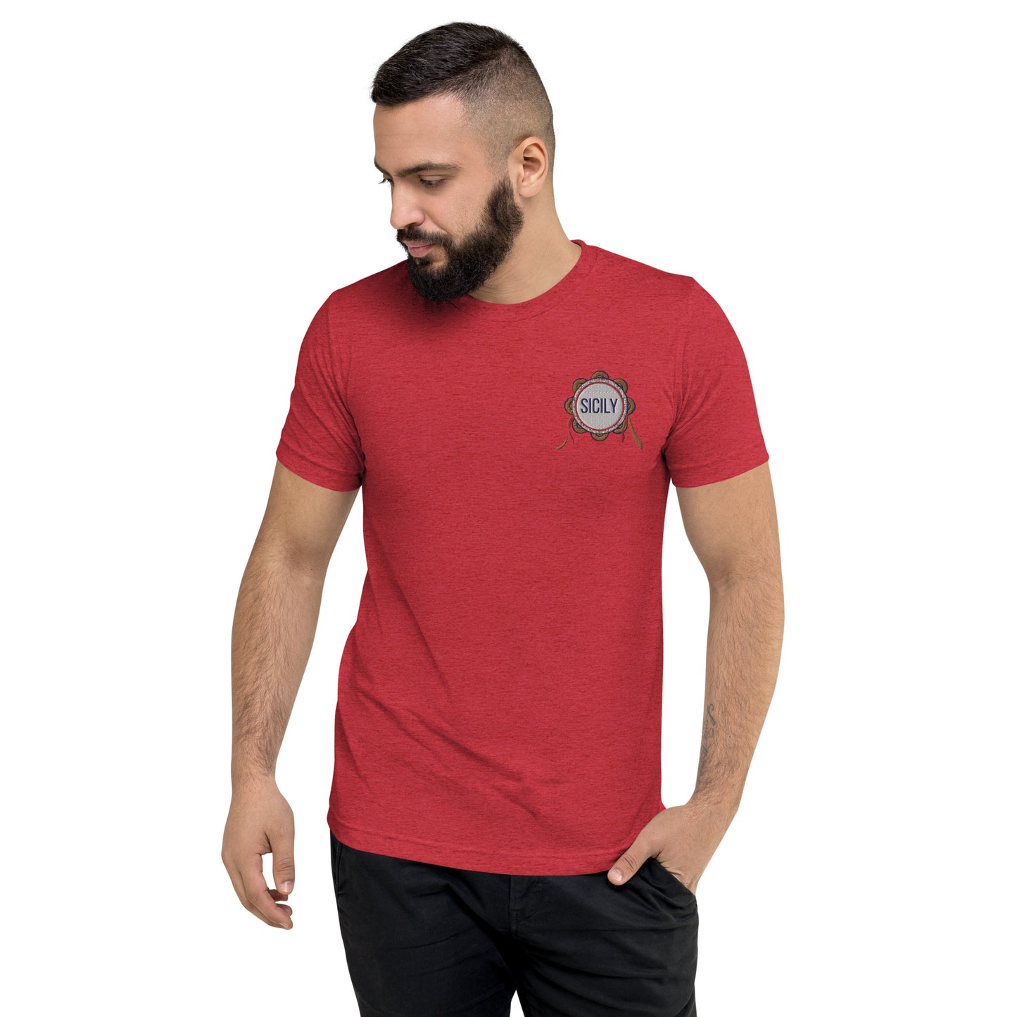 Sicily T-shirt a manica corta uomo con ricamo logo Sicilia con tamburello | Vari colori - T-shirt Boutique