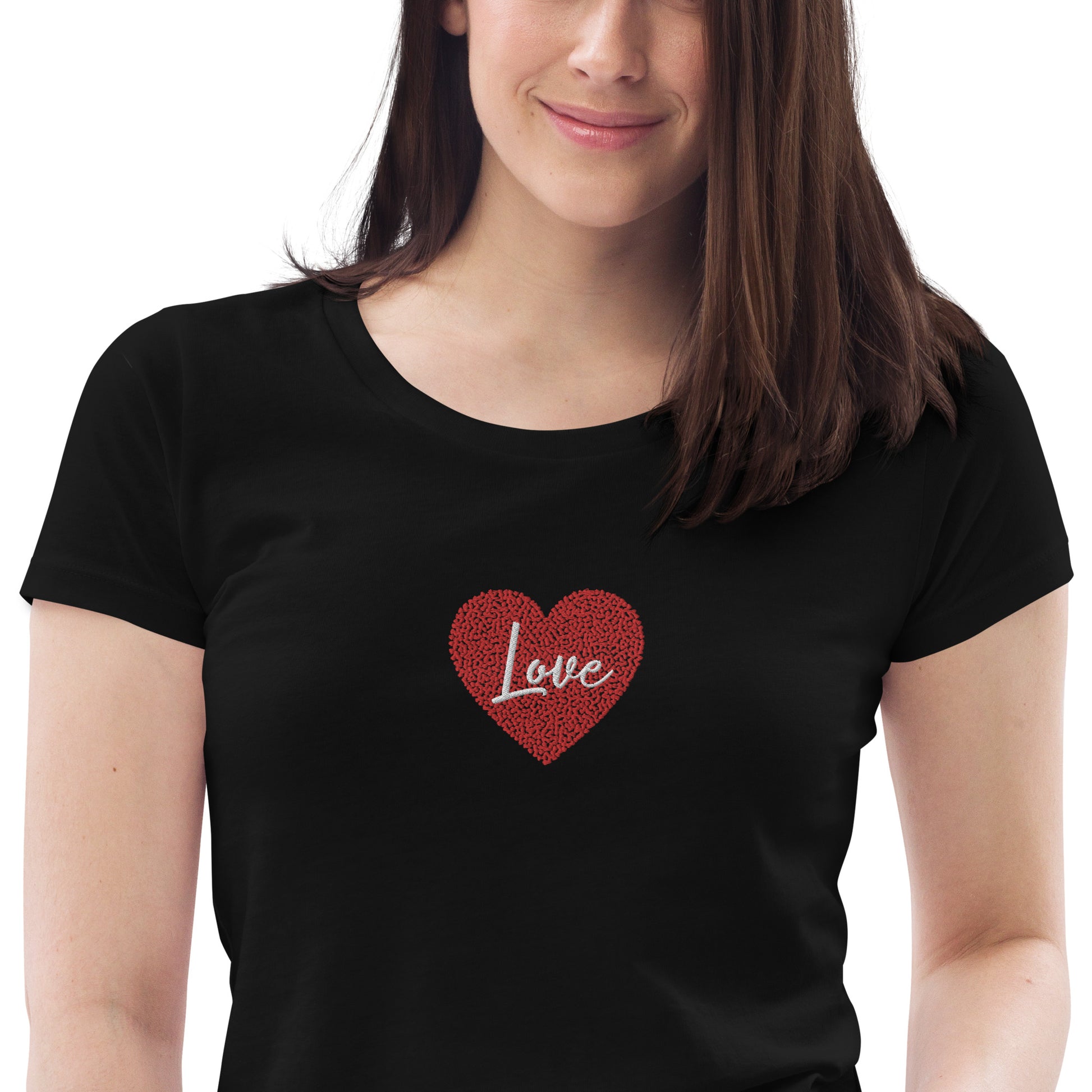 Maglietta donna a maniche corte con cuore e scritta love ricamata | Vari colori | cuore love - T-shirt Boutique