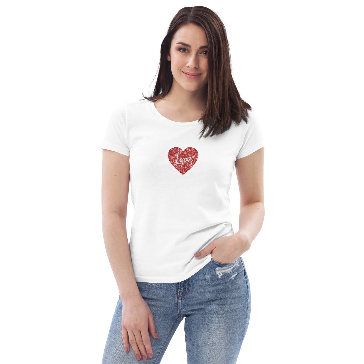 Maglietta donna a maniche corte con cuore e scritta love ricamata | Vari colori | cuore love - T-shirt Boutique